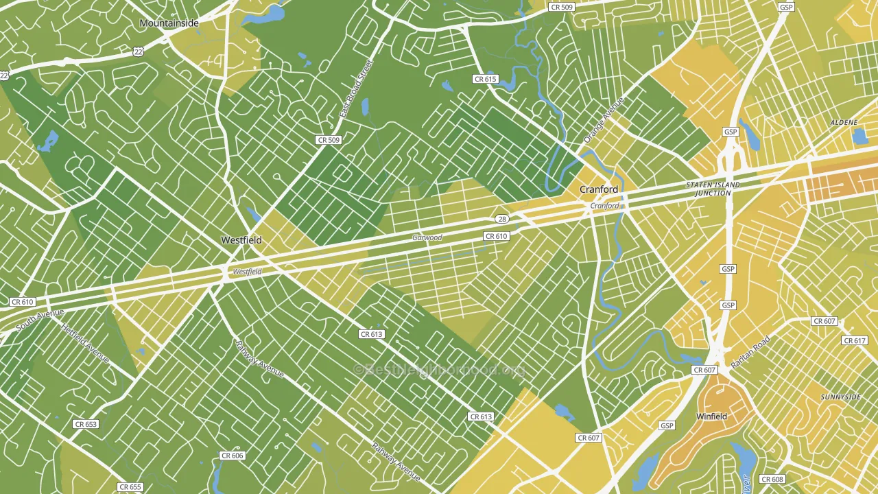 Map of the best neighborhoods in the 07027 area, with better matches in green and worse matches in red
