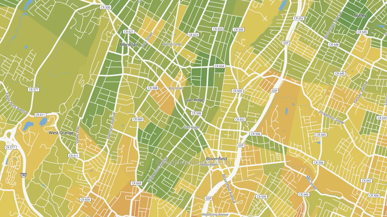 Map of the best neighborhoods in the 07028 area, with better matches in green and worse matches in red