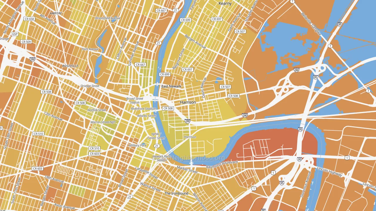 Map of the best neighborhoods in the 07029 area, with better matches in green and worse matches in red