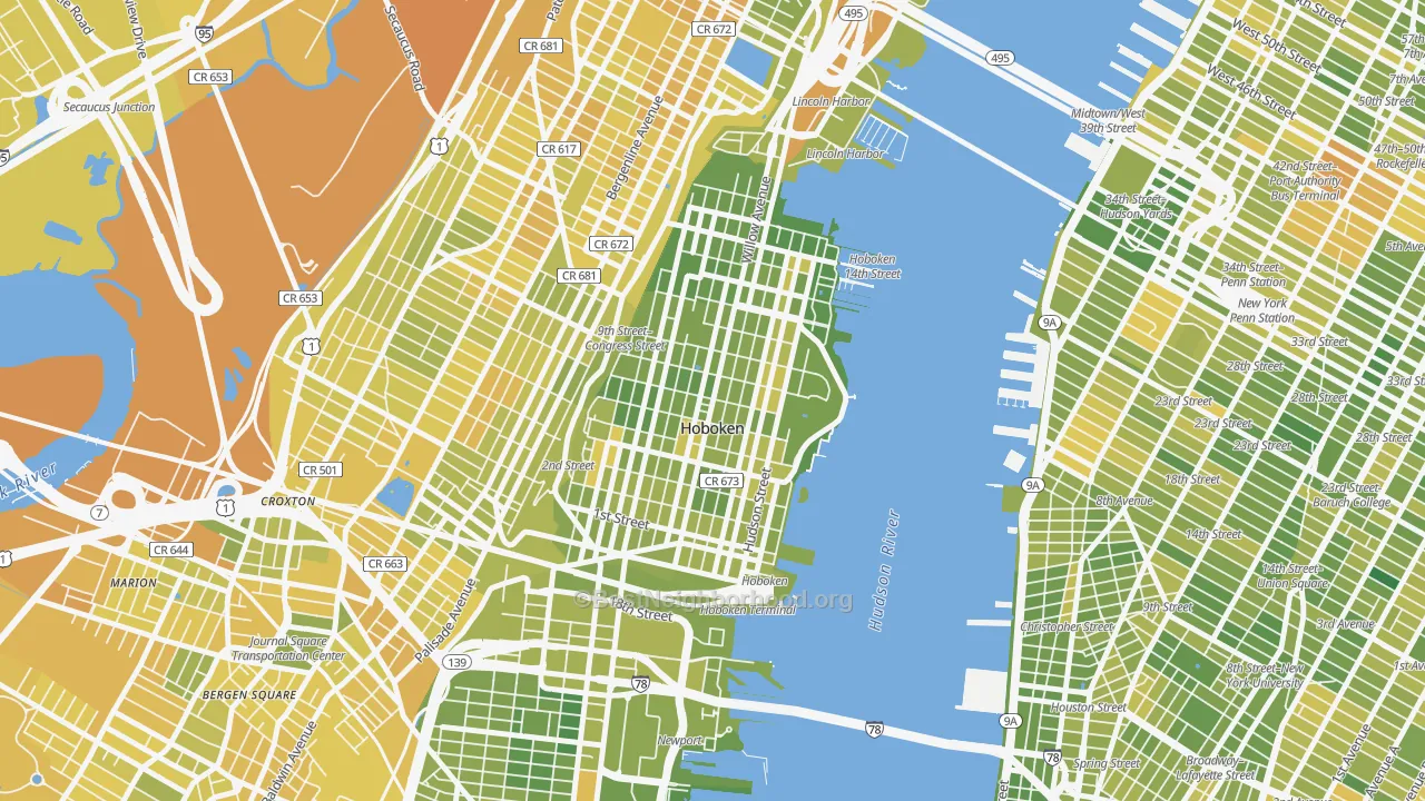 Map of the best neighborhoods in the 07030 area, with better matches in green and worse matches in red