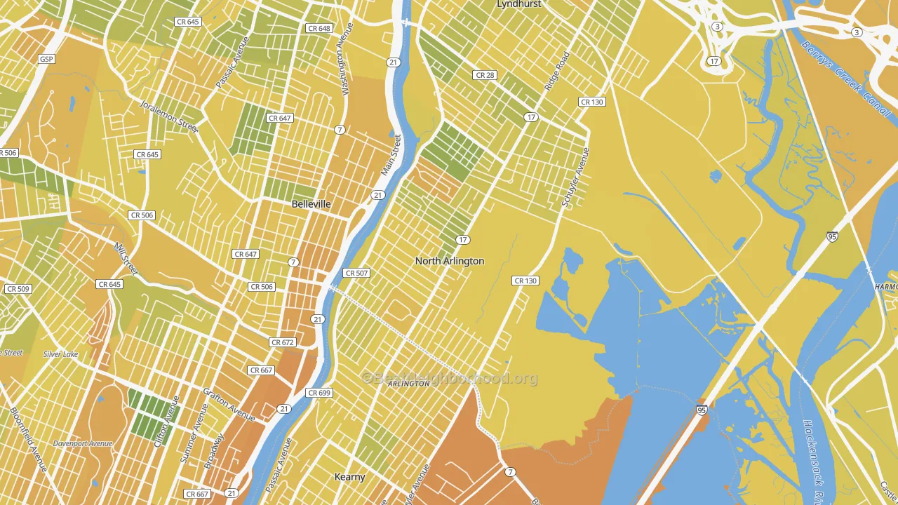 Map of the best neighborhoods in the 07031 area, with better matches in green and worse matches in red