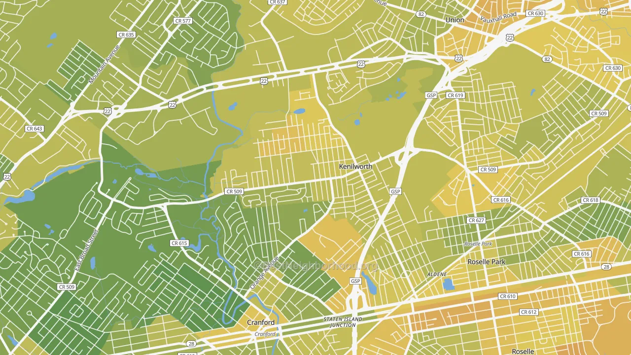 Map of the best neighborhoods in the 07033 area, with better matches in green and worse matches in red
