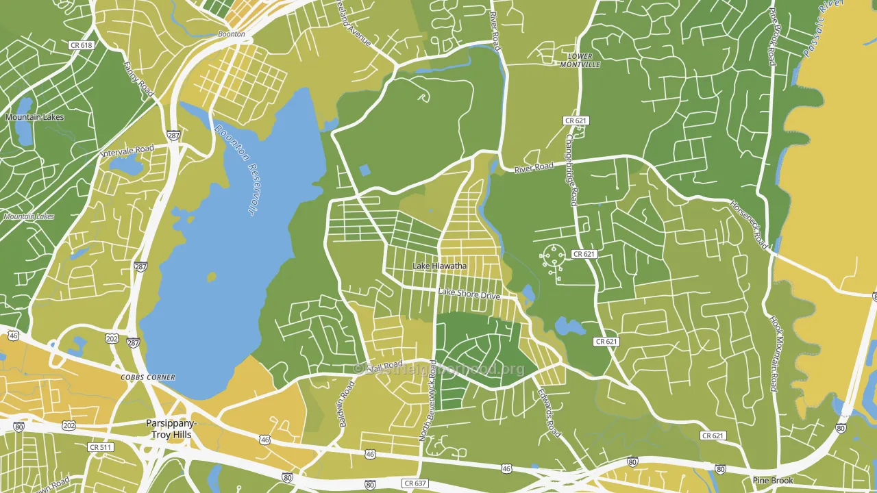 Map of the best neighborhoods in the 07034 area, with better matches in green and worse matches in red