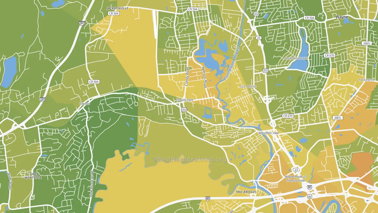 Map of the best neighborhoods in the 07035 area, with better matches in green and worse matches in red