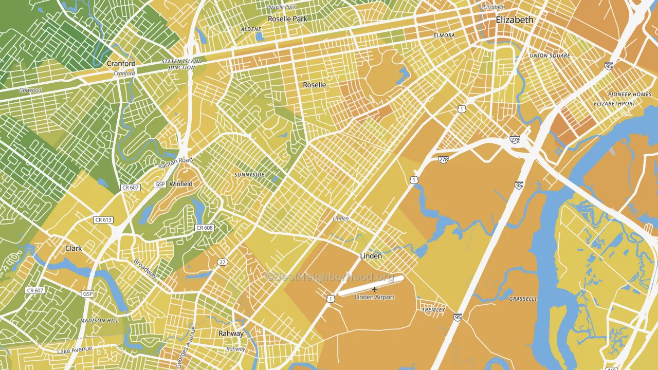 Map of the best neighborhoods in the 07036 area, with better matches in green and worse matches in red