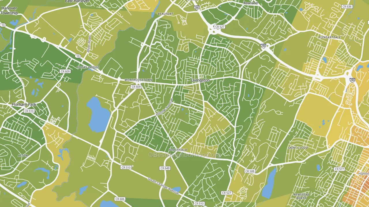 Map of the best neighborhoods in the 07039 area, with better matches in green and worse matches in red
