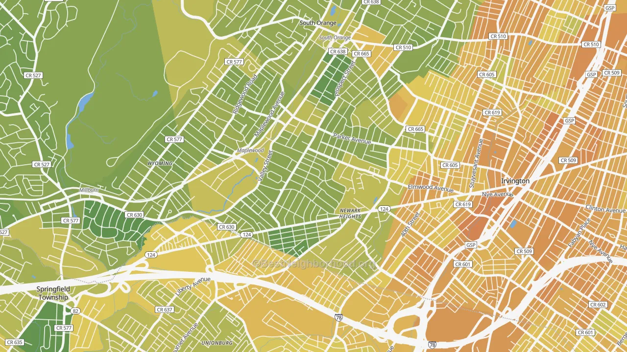 Map of the best neighborhoods in the 07040 area, with better matches in green and worse matches in red