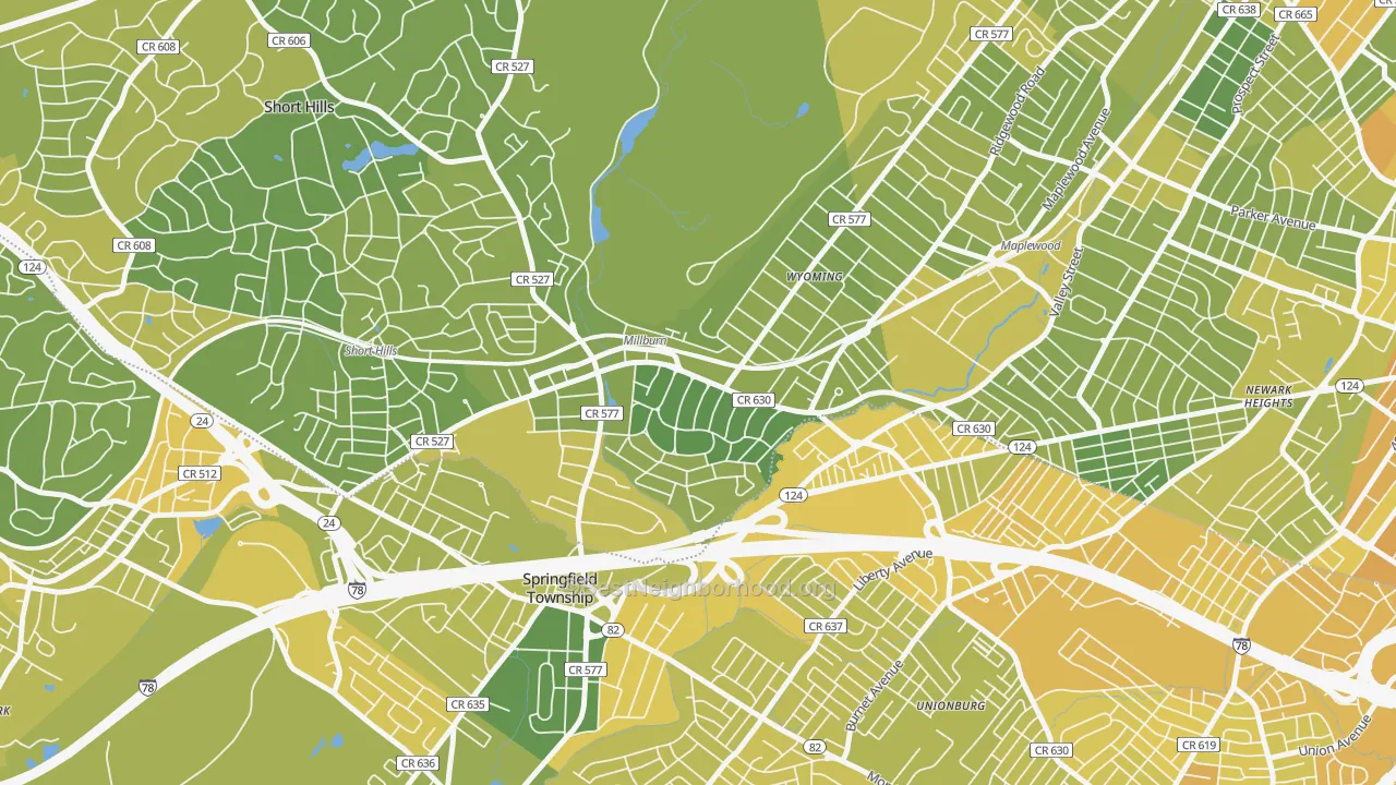 Map of the best neighborhoods in the 07041 area, with better matches in green and worse matches in red