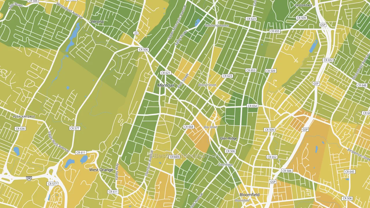 Map of the best neighborhoods in the 07042 area, with better matches in green and worse matches in red