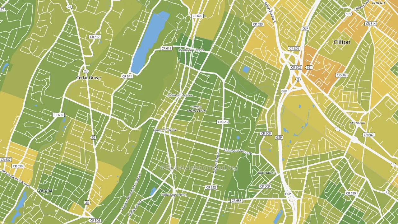 Map of the best neighborhoods in the 07043 area, with better matches in green and worse matches in red