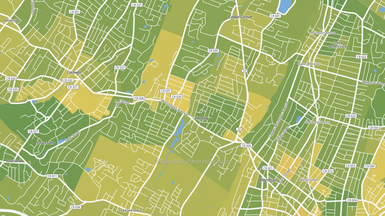 Map of the best neighborhoods in the 07044 area, with better matches in green and worse matches in red
