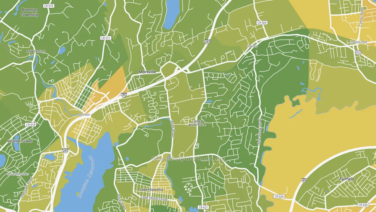 Map of the best neighborhoods in the 07045 area, with better matches in green and worse matches in red