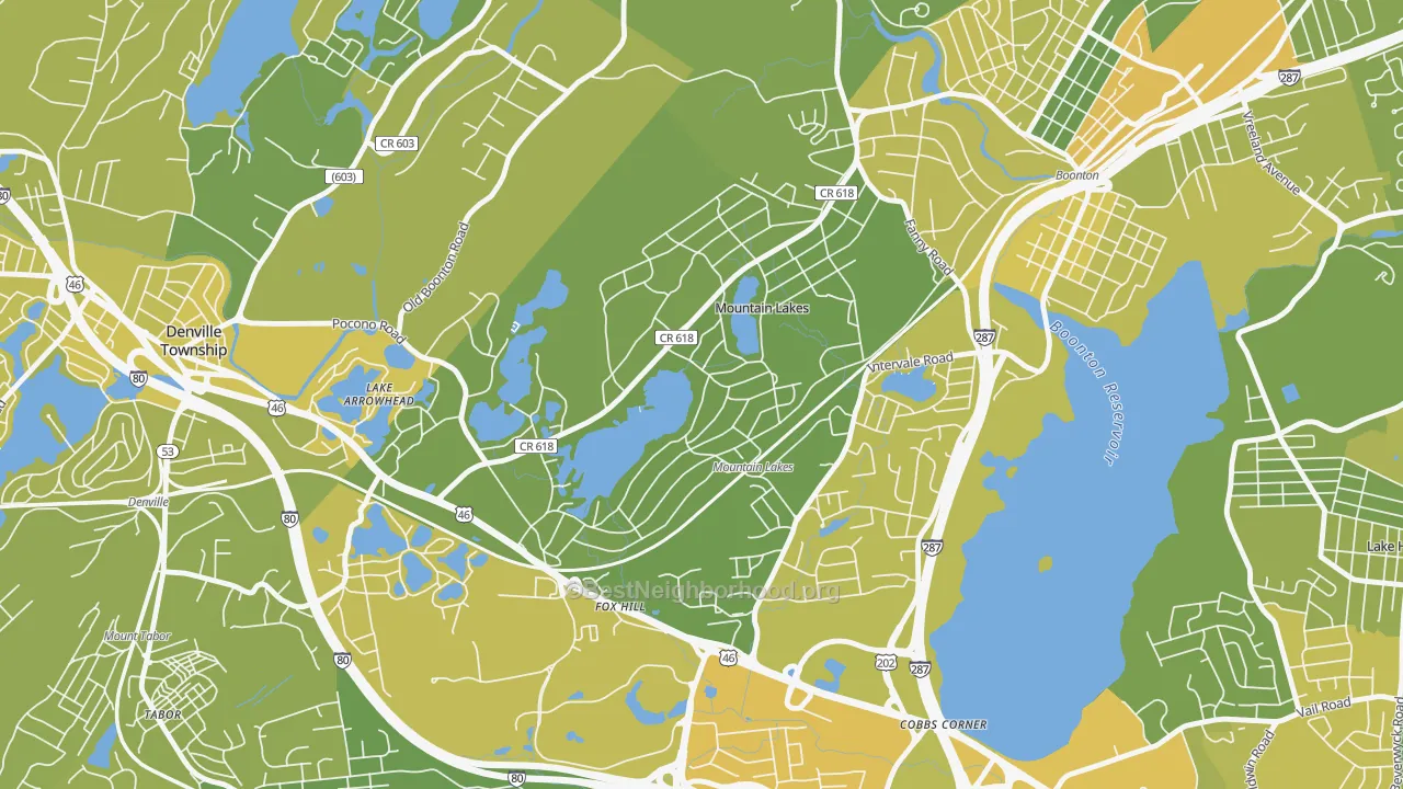 Map of the best neighborhoods in the 07046 area, with better matches in green and worse matches in red