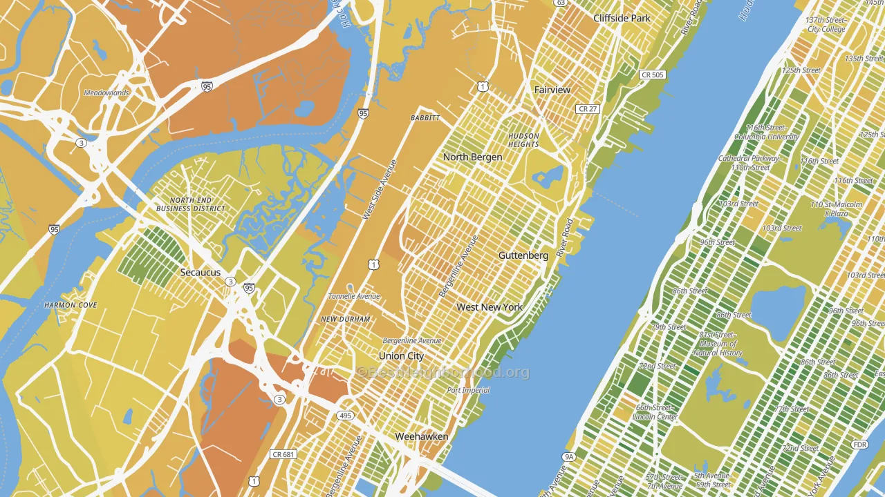 Map of the best neighborhoods in the 07047 area, with better matches in green and worse matches in red