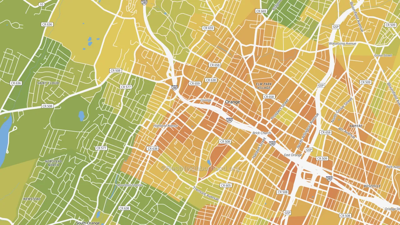 Map of the best neighborhoods in the 07050 area, with better matches in green and worse matches in red