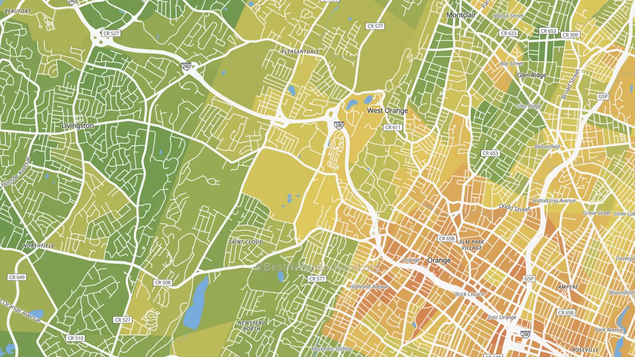 Map of the best neighborhoods in the 07052 area, with better matches in green and worse matches in red