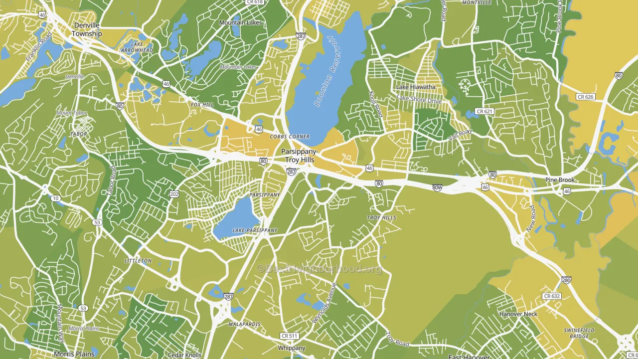 Map of the best neighborhoods in the 07054 area, with better matches in green and worse matches in red