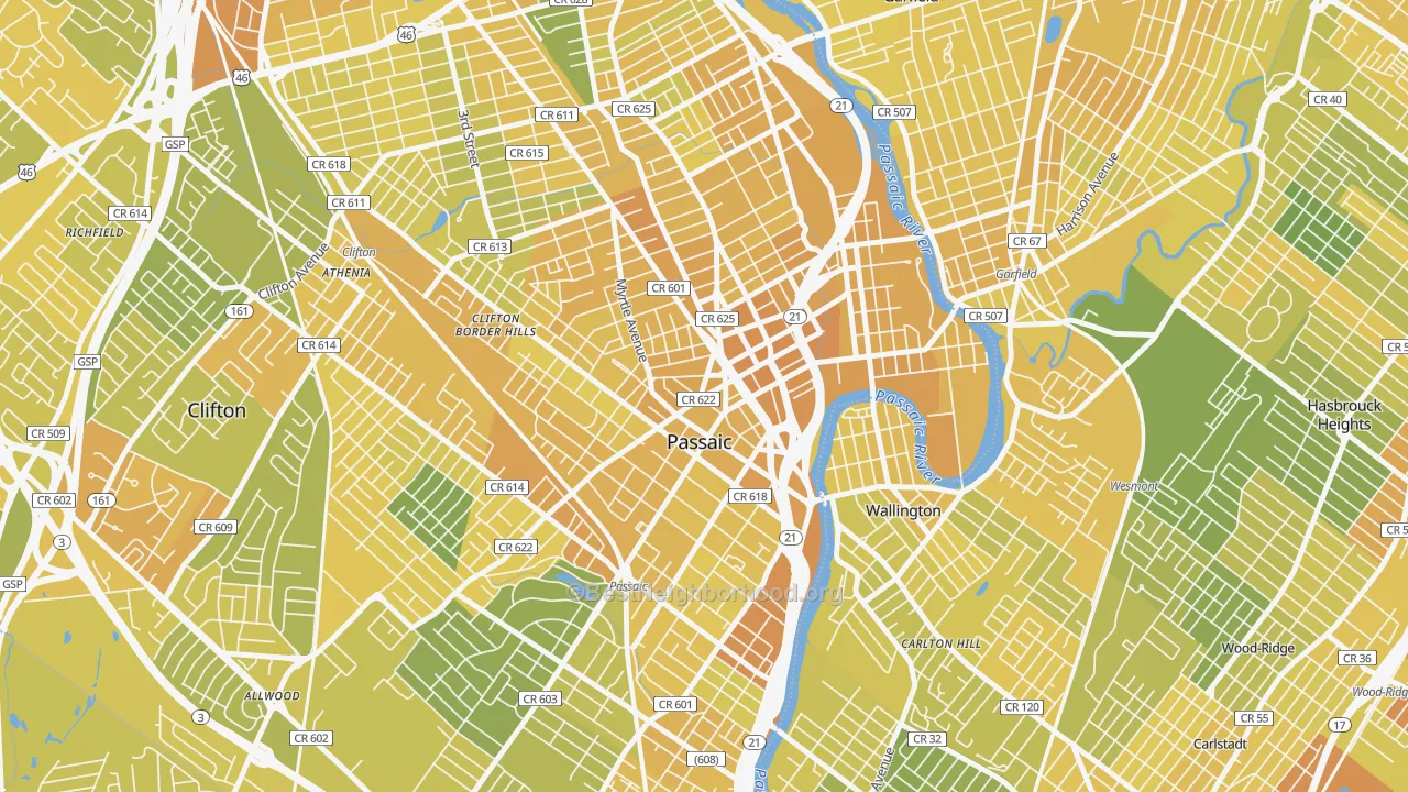 Map of the best neighborhoods in the 07055 area, with better matches in green and worse matches in red