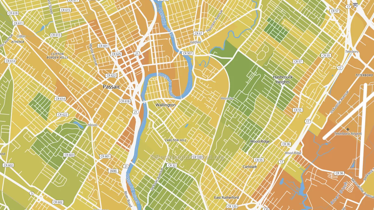 Map of the best neighborhoods in the 07057 area, with better matches in green and worse matches in red