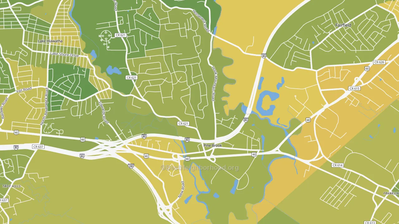 Map of the best neighborhoods in the 07058 area, with better matches in green and worse matches in red