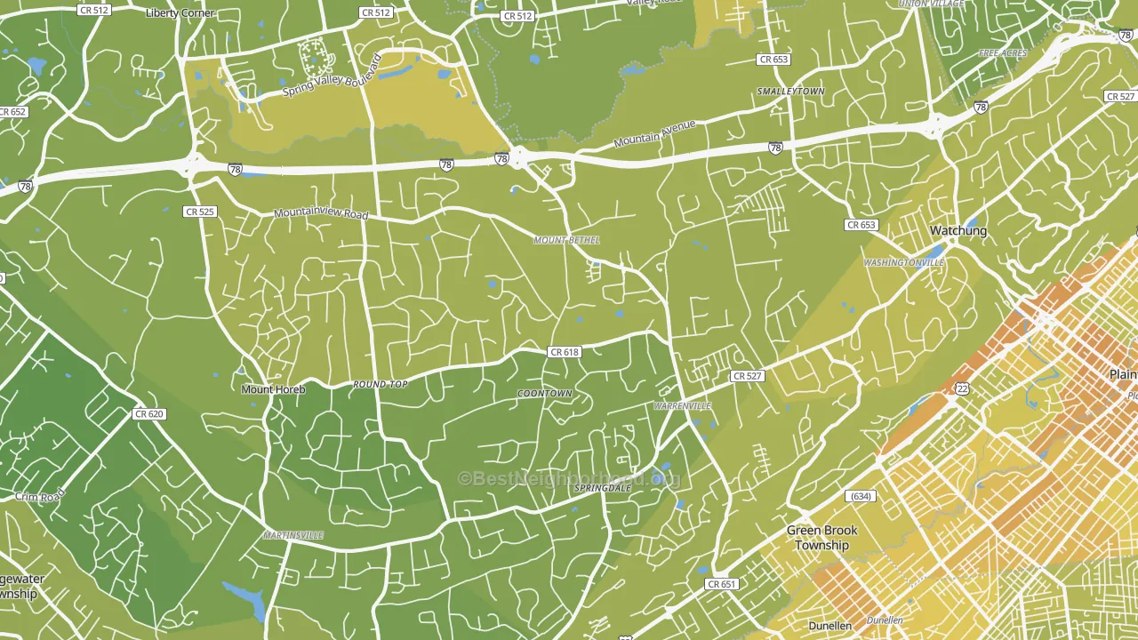 Map of the best neighborhoods in the 07059 area, with better matches in green and worse matches in red