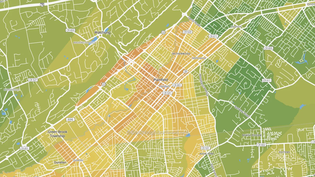 Map of the best neighborhoods in the 07060 area, with better matches in green and worse matches in red