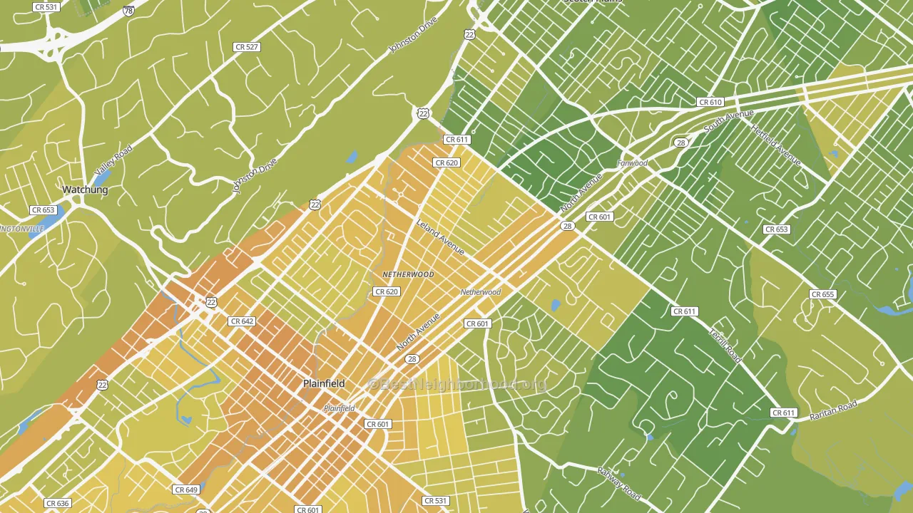 Map of the best neighborhoods in the 07062 area, with better matches in green and worse matches in red