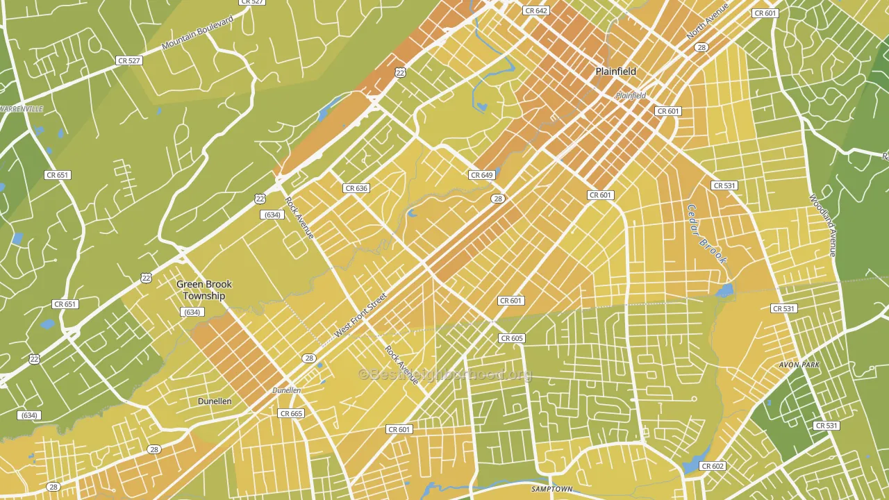 Map of the best neighborhoods in the 07063 area, with better matches in green and worse matches in red