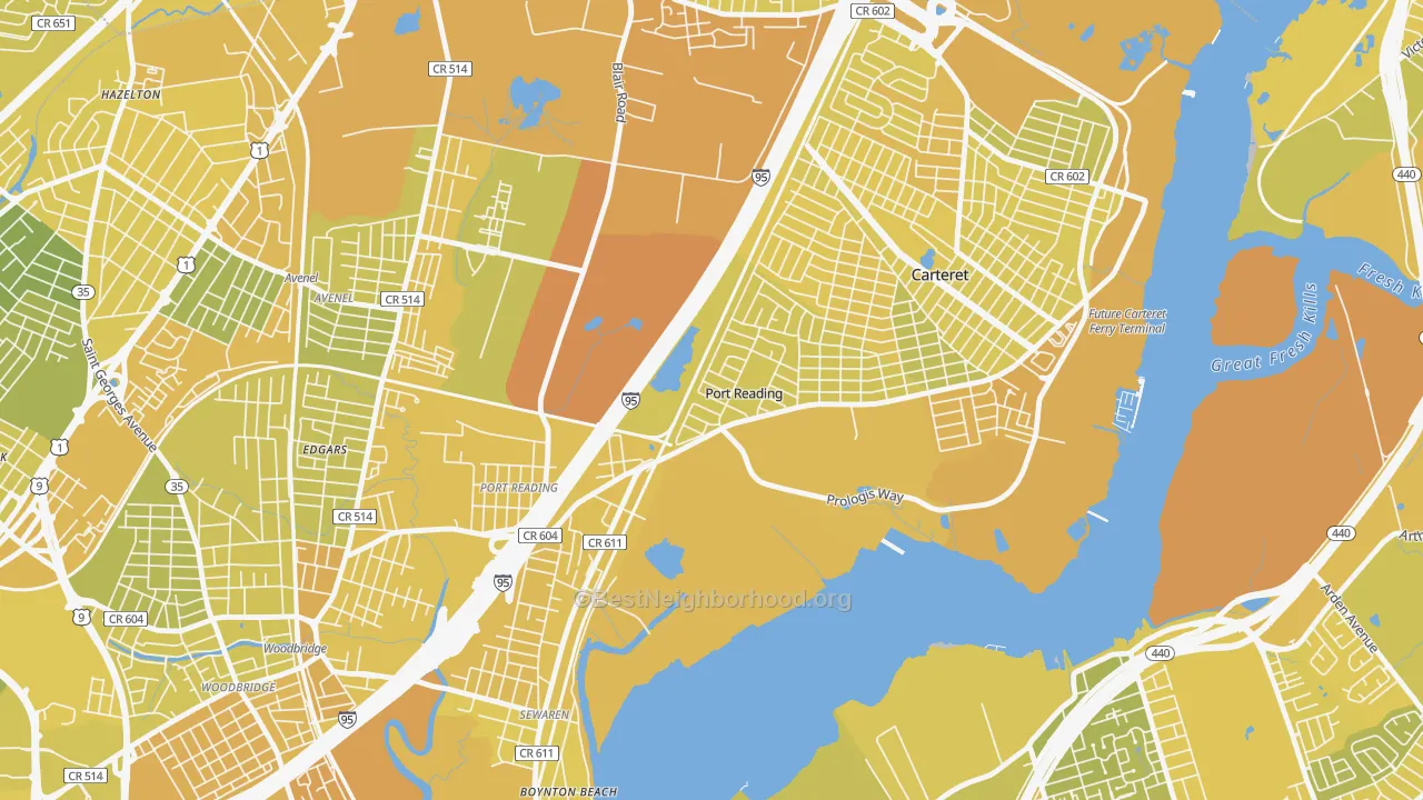Map of the best neighborhoods in the 07064 area, with better matches in green and worse matches in red