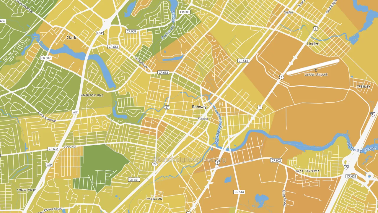Map of the best neighborhoods in the 07065 area, with better matches in green and worse matches in red