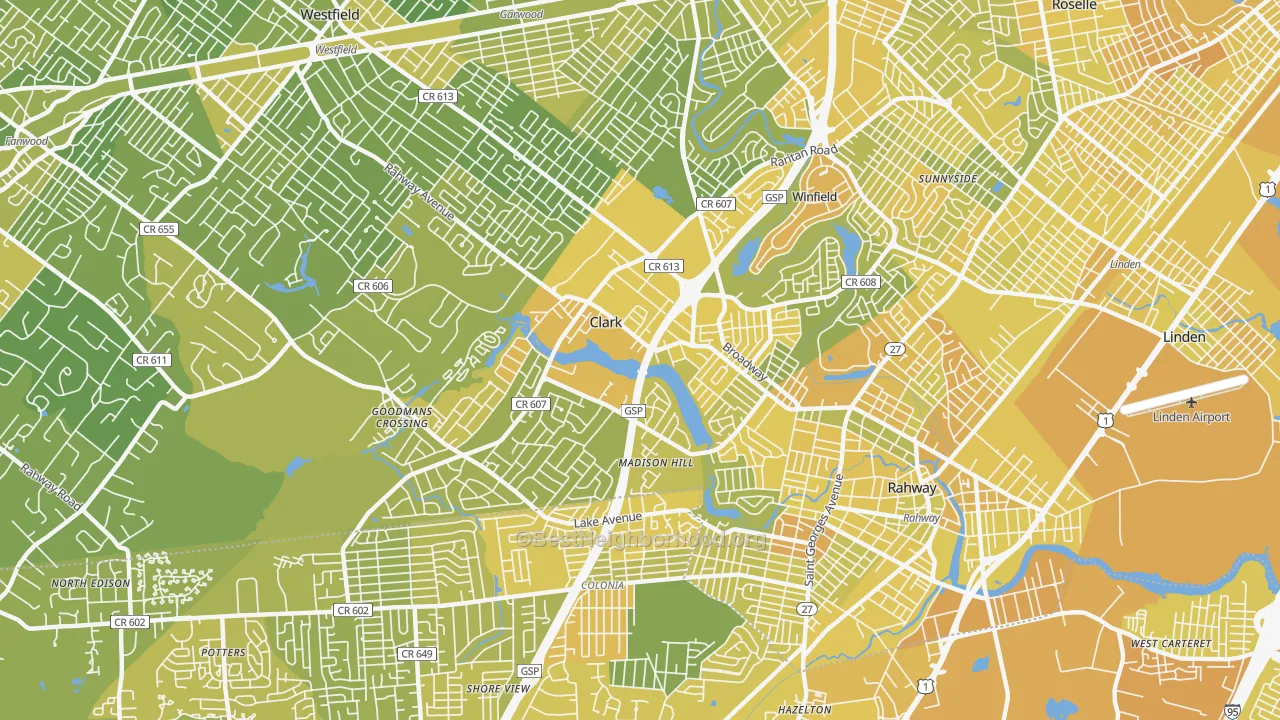 Map of the best neighborhoods in the 07066 area, with better matches in green and worse matches in red