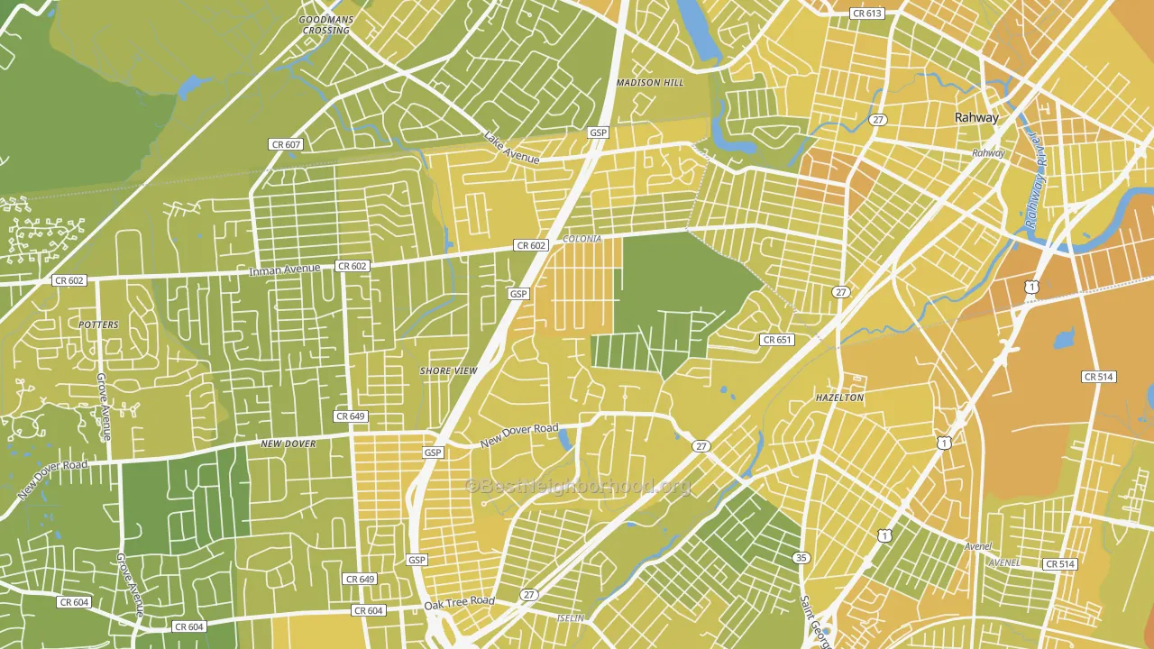 Map of the best neighborhoods in the 07067 area, with better matches in green and worse matches in red