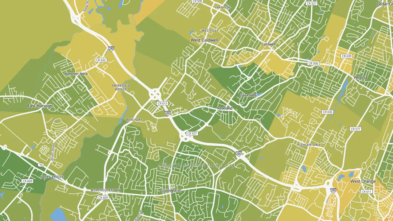 Map of the best neighborhoods in the 07068 area, with better matches in green and worse matches in red