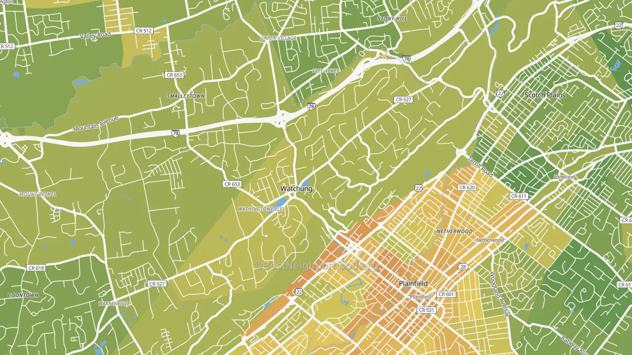 Map of the best neighborhoods in the 07069 area, with better matches in green and worse matches in red