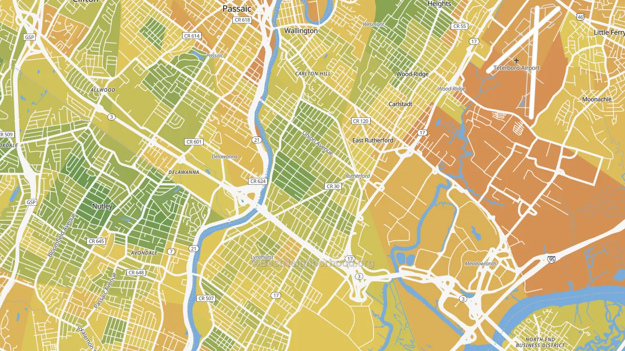 Map of the best neighborhoods in the 07070 area, with better matches in green and worse matches in red