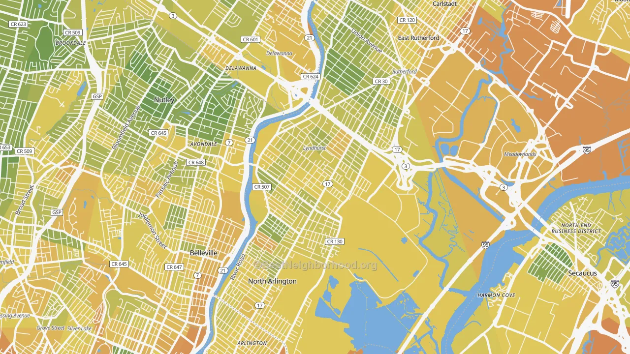 Map of the best neighborhoods in the 07071 area, with better matches in green and worse matches in red