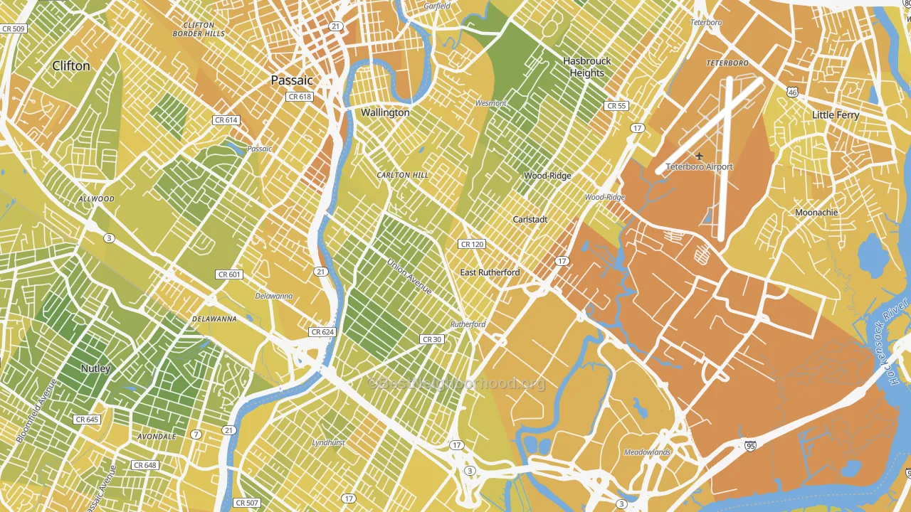 Map of the best neighborhoods in the 07073 area, with better matches in green and worse matches in red