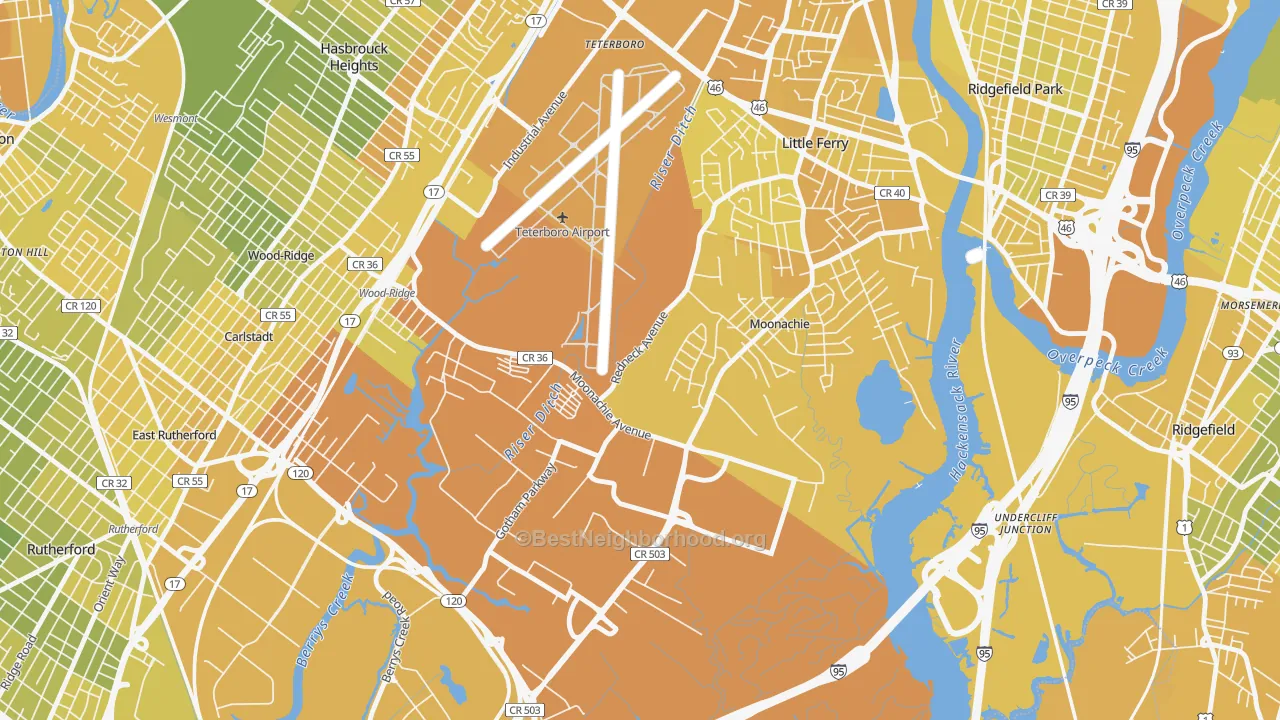 Map of the best neighborhoods in the 07074 area, with better matches in green and worse matches in red