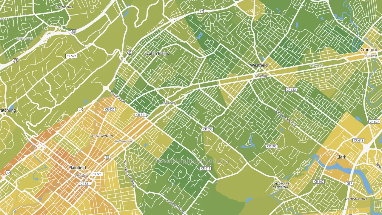 Map of the best neighborhoods in the 07076 area, with better matches in green and worse matches in red