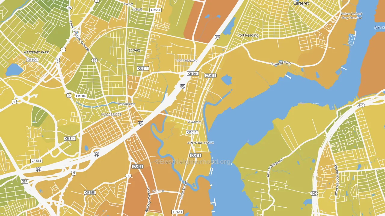 Map of the best neighborhoods in the 07077 area, with better matches in green and worse matches in red