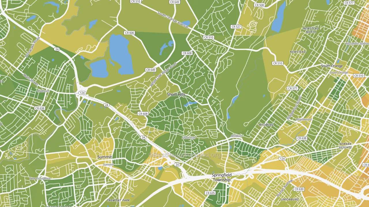 Map of the best neighborhoods in the 07078 area, with better matches in green and worse matches in red