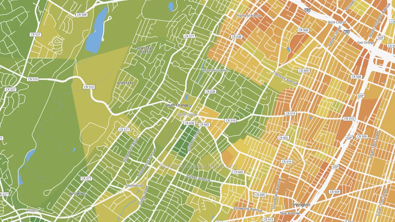 Map of the best neighborhoods in the 07079 area, with better matches in green and worse matches in red