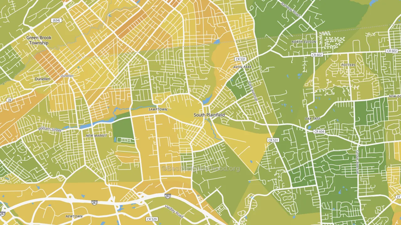 Map of the best neighborhoods in the 07080 area, with better matches in green and worse matches in red