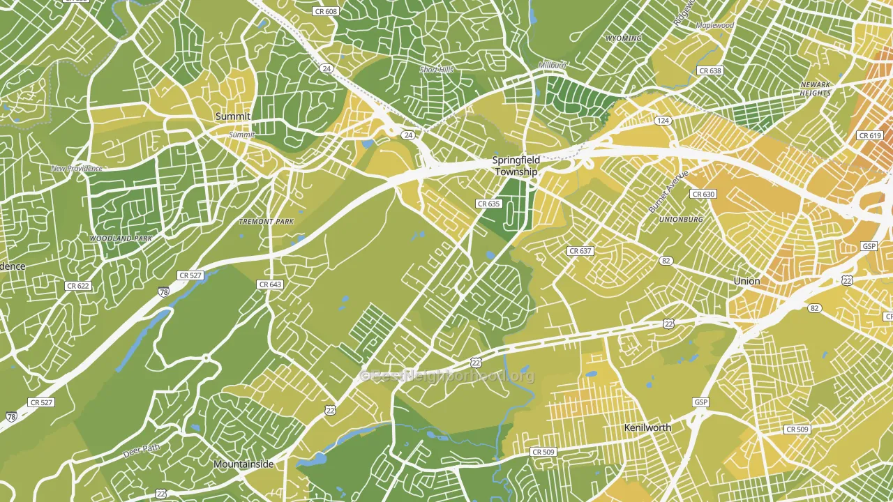 Map of the best neighborhoods in the 07081 area, with better matches in green and worse matches in red