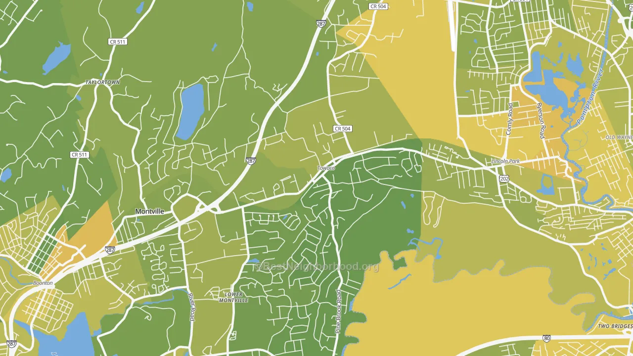 Map of the best neighborhoods in the 07082 area, with better matches in green and worse matches in red