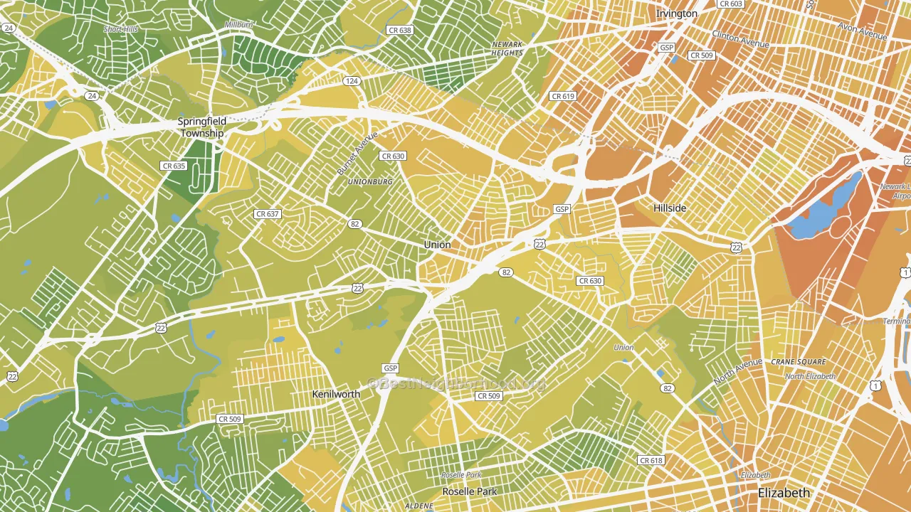 Map of the best neighborhoods in the 07083 area, with better matches in green and worse matches in red
