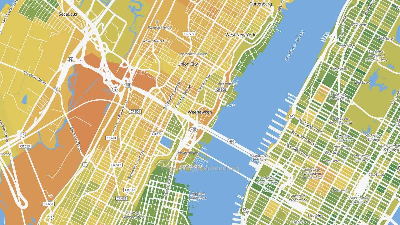 Map of the best neighborhoods in the 07086 area, with better matches in green and worse matches in red