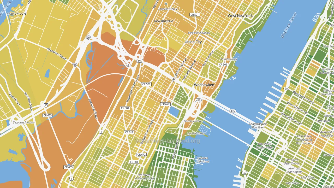 Map of the best neighborhoods in the 07087 area, with better matches in green and worse matches in red