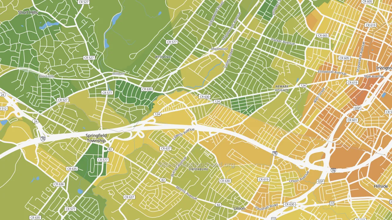 Map of the best neighborhoods in the 07088 area, with better matches in green and worse matches in red