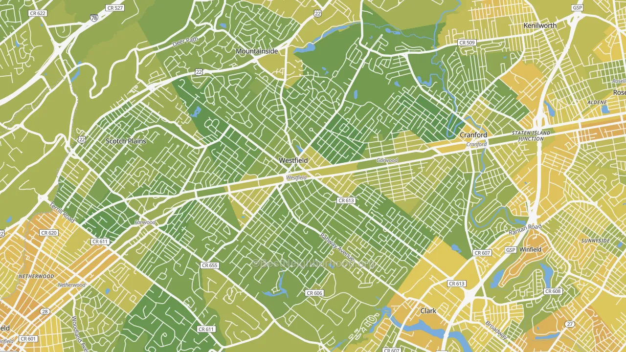 Map of the best neighborhoods in the 07090 area, with better matches in green and worse matches in red